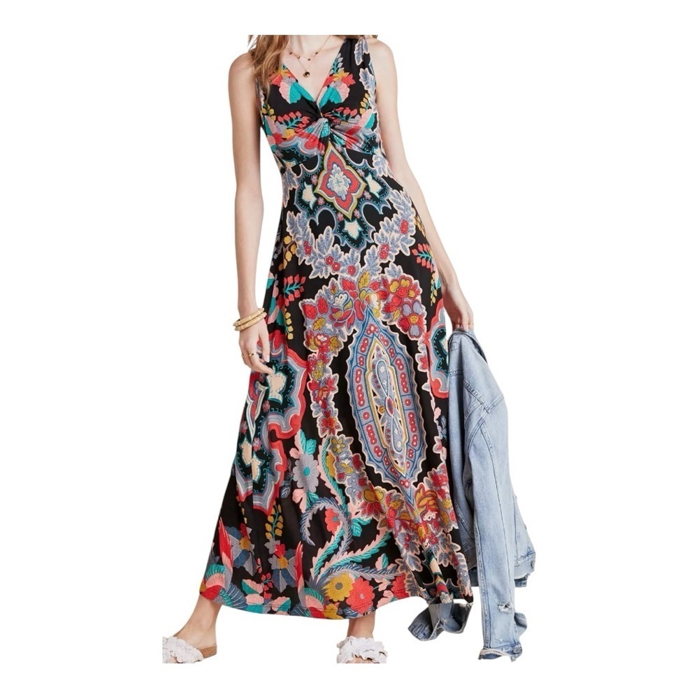 Anthropologie Orange and Blue Sleeveless V-Neck Sundress